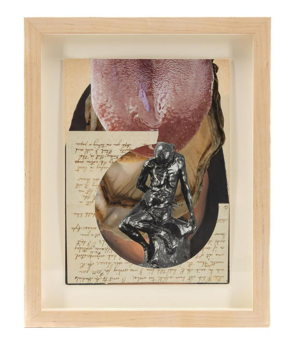 MARIO PETRIRENA, "TONGUE COLLAGE" M/M ON PAPER: Mario Petrirena (Cuban / American b. 1953), "Tongue Collage", depicting an emaciated nude male bronze sculpture over written correspondence and a salivating tongue, mixed media on paper, apparently un