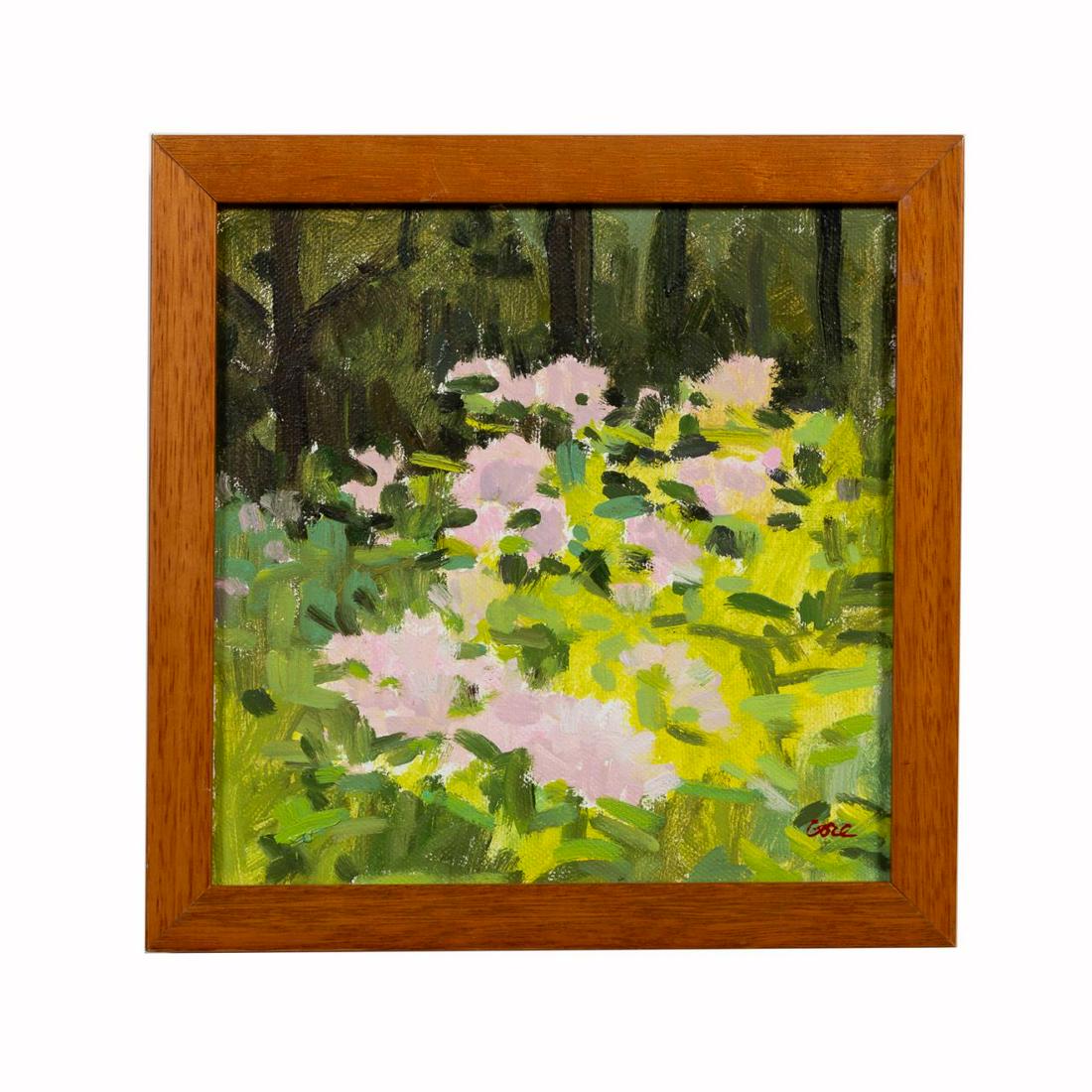 ELISSA GORE, 2010, O/C "PYE ILLUMINATED": Elissa Gore (American b. 1950), 2010, "Pye Illuminated" executed in oil on canvas, depicting an impressionistic grove of pink flowers, signed at lower right, dated and titled en verso. Provenance: Fro