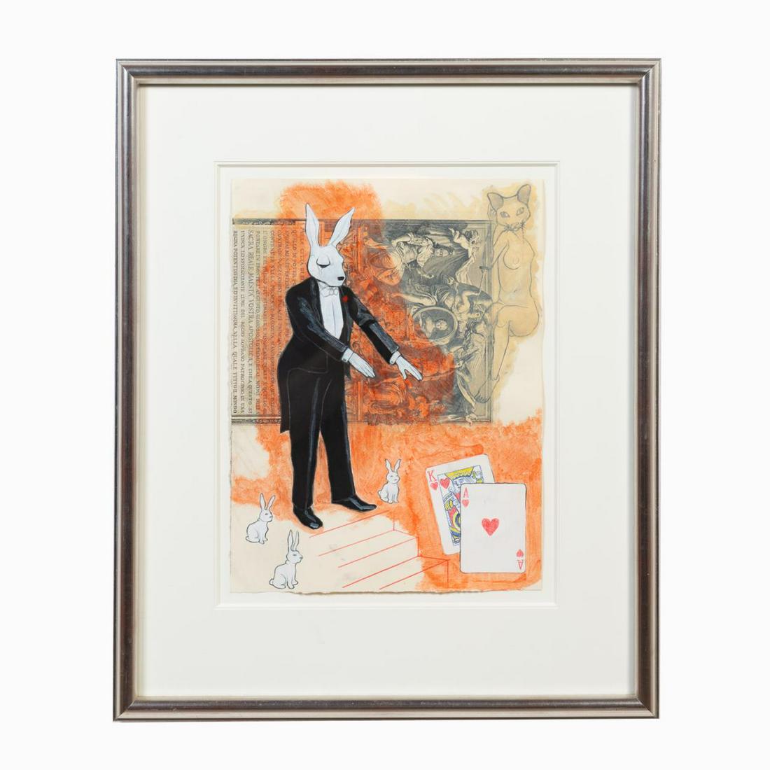 ANTHROPOMORPHIC RABBIT MAGICIAN, FRAMED M/M: American school, 21st century, "Rabbit Magician", depicting an anthropomorphic rabbit playing cards, nude female with a cat head painted over a figural Greco-Roman book plate, mixed media on paper, ap