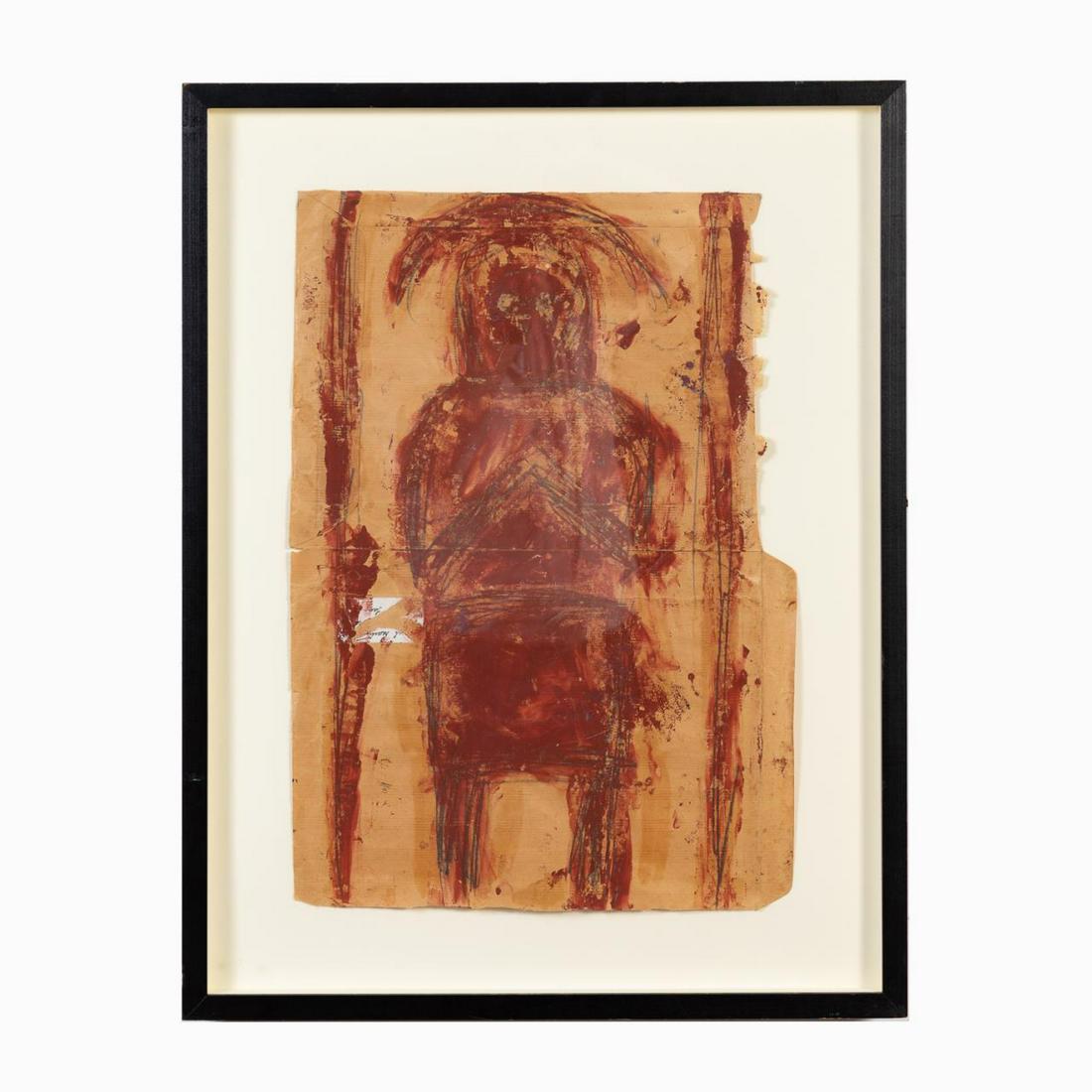 MICHEL NEDJAR, "RED FIGURE" M/M ON PAPER: Michel Nedjar (French b. 1947), "Red Figure", depicting a monochrome silhouette of a figure, mixed media on paper, Carl Hammer Gallery, Chicago, label en verso, apparently unsigned, framed. Provenance