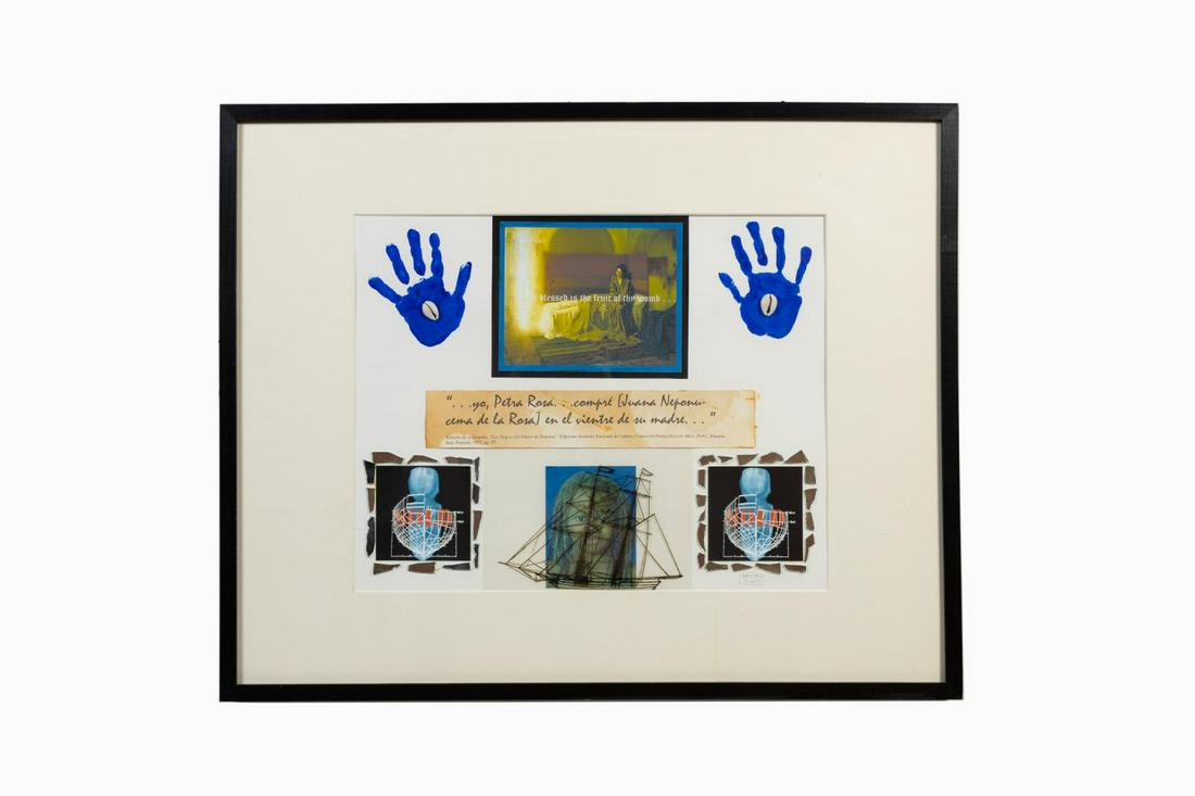 ARTURO LINDSAY, COLLAGE 'BLESSED BE THE FRUITS...": Arturo Lindsay (Panamanian/ American b. 1946), 2002, collage 'Blessed be the Fruits of Thy Womb," executed in acrylic, ink, shells, mirror shards, and photo mechanical prints, signed and dated lower r