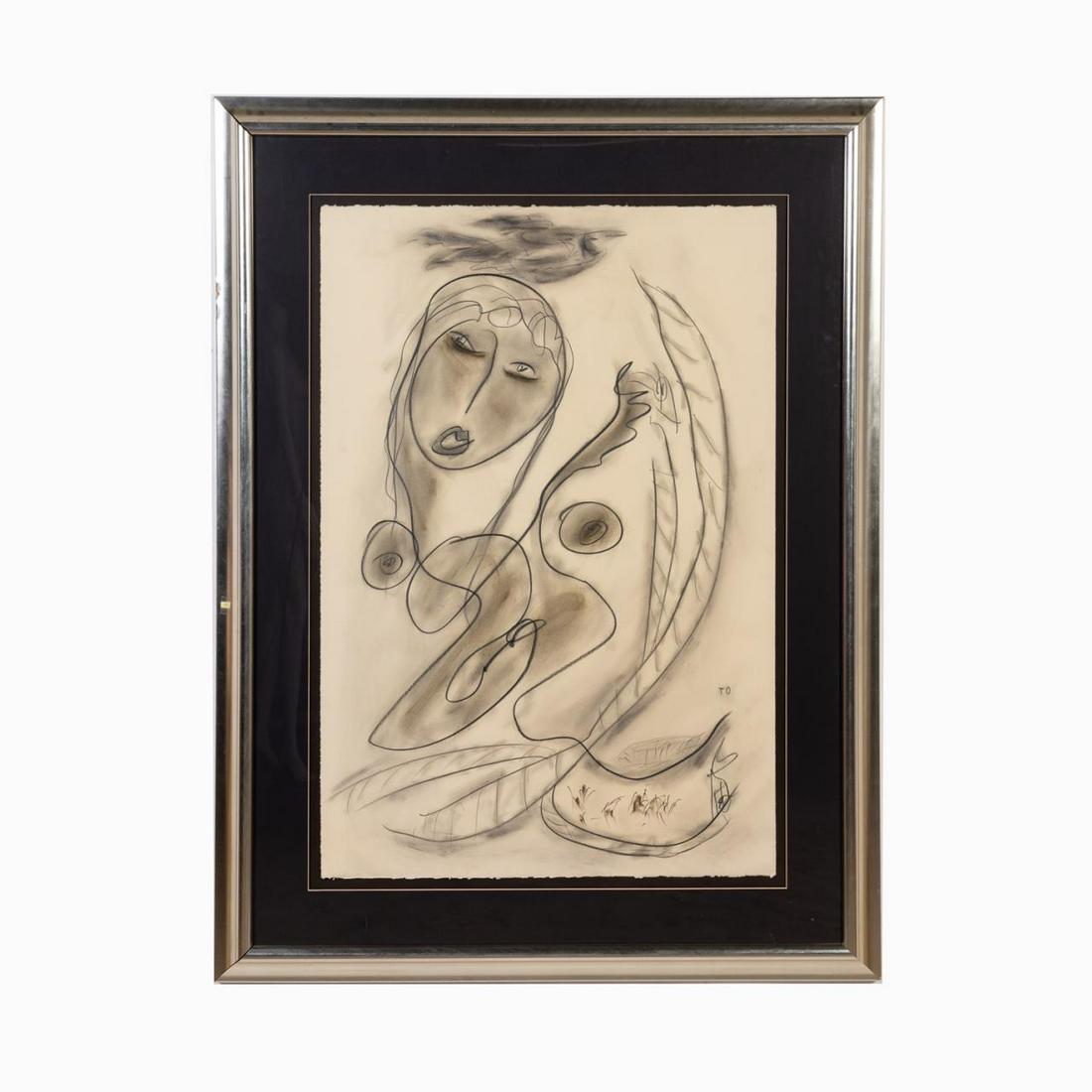 THORNTON DIAL, "NUDE FEMALE & BIRD" M/M ON PAPER: Thornton (Buck) Dial (1928 - 2016), "Nude Female and Bird", black lines depicting the half length portrait of a nude woman with a bird over her head, charcoal and mixed media on paper, artists monogra