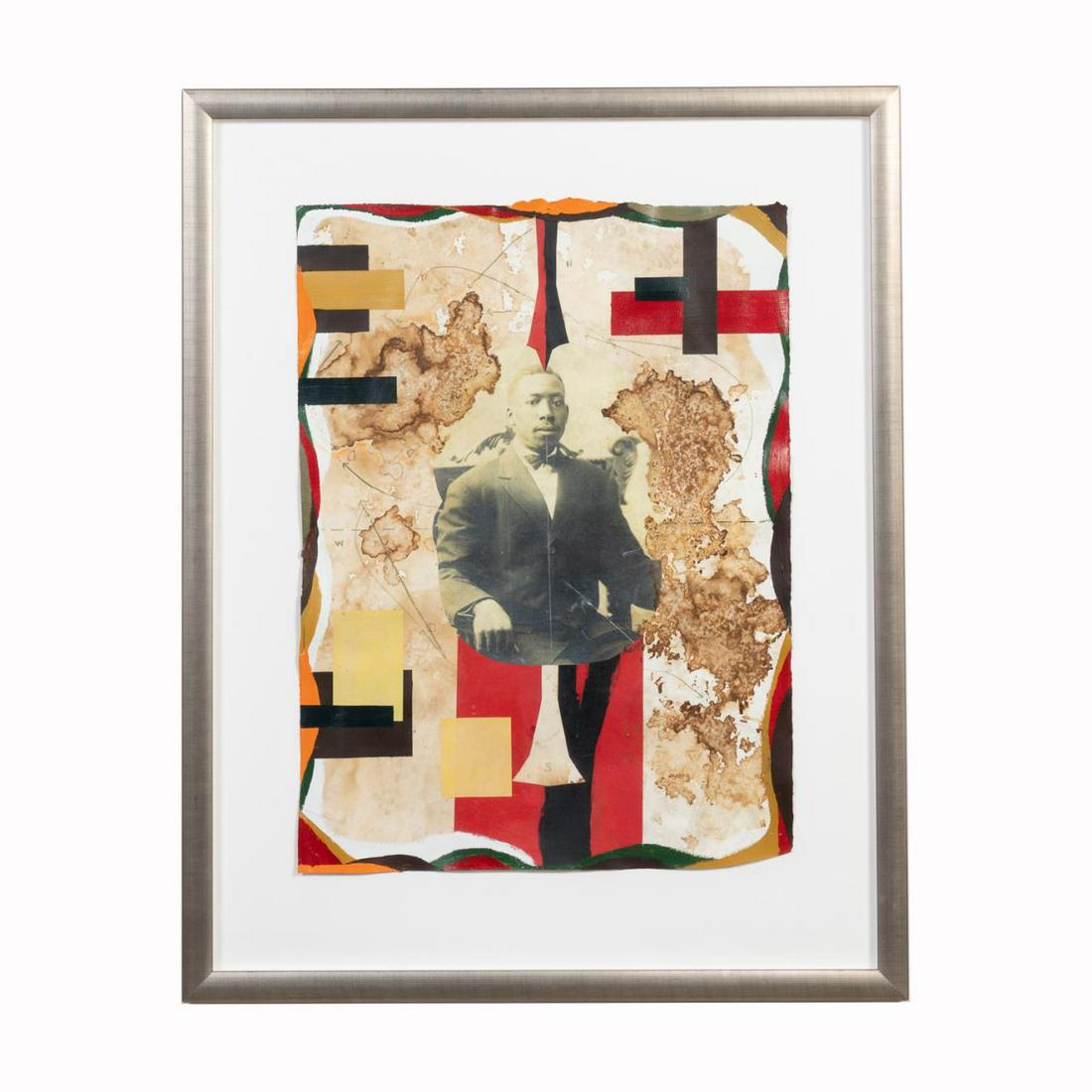 RADCLIFFE BAILEY "SEATED MALE PORTRAIT" FRAMED M/M: Radcliffe Bailey (American / Georgia b. 1968). "Seated Male Portrait", depicting a geometric style compass surrounding a black and white sepia portrait of a gentleman, mixed media on paper, apparently