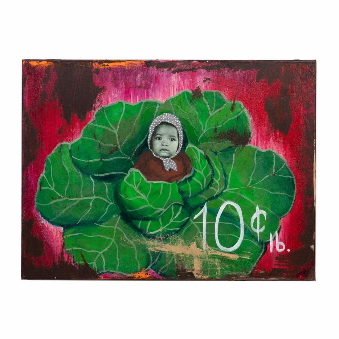 CEDRIC SMITH, "TEN CENTS" BABY IN CABBAGE O/C 2011: Cedric Smith (American / Georgia b. 1970), "Ten Cents", 2011, depicting a baby in the center of a cabbage, oil on canvas, signed, titled, and dated en verso, unframed. Provenance: From the Private Col