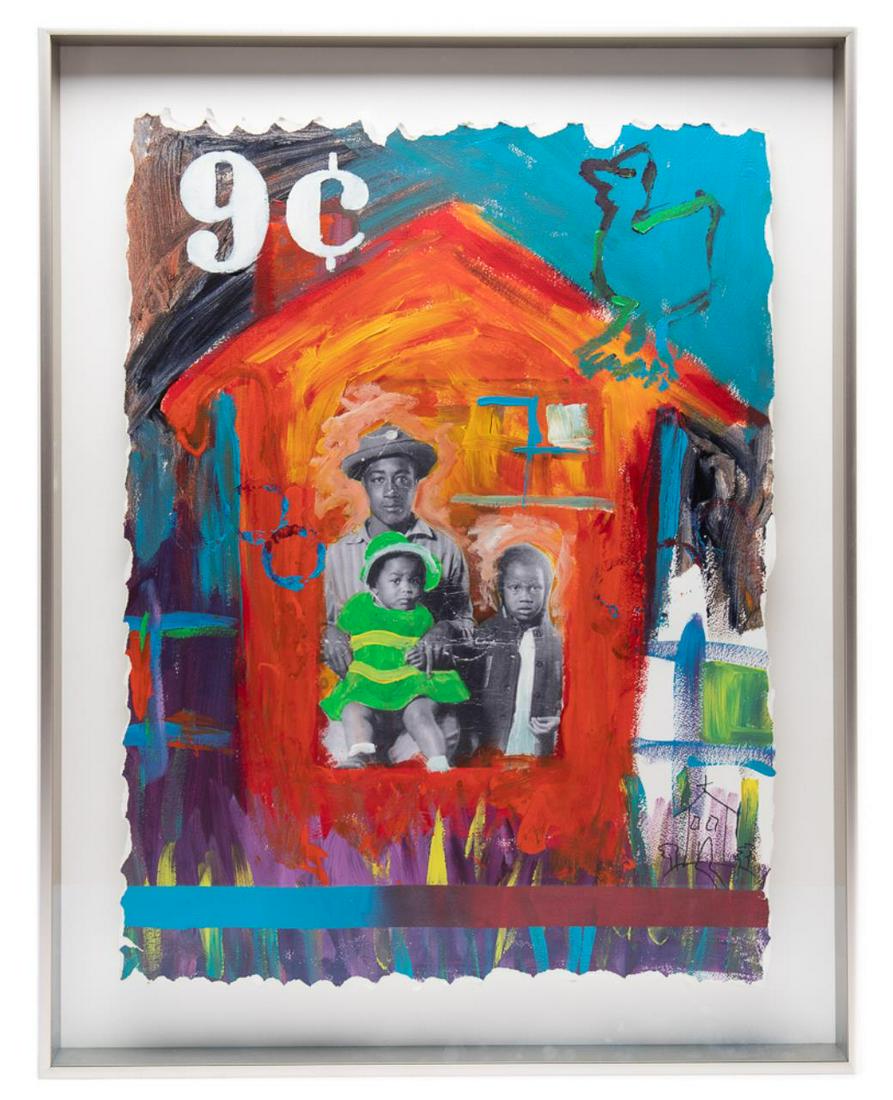 CEDRIC SMITH, "MY DADDIES HOUSE" MM/P 1997: Cedric Smith (American / Georgia b. 1970), "My Daddies House", 1997, depicting a black and white family portrait over a painted house with 9 cents in the corner, oil and mixed media on paper, artist s