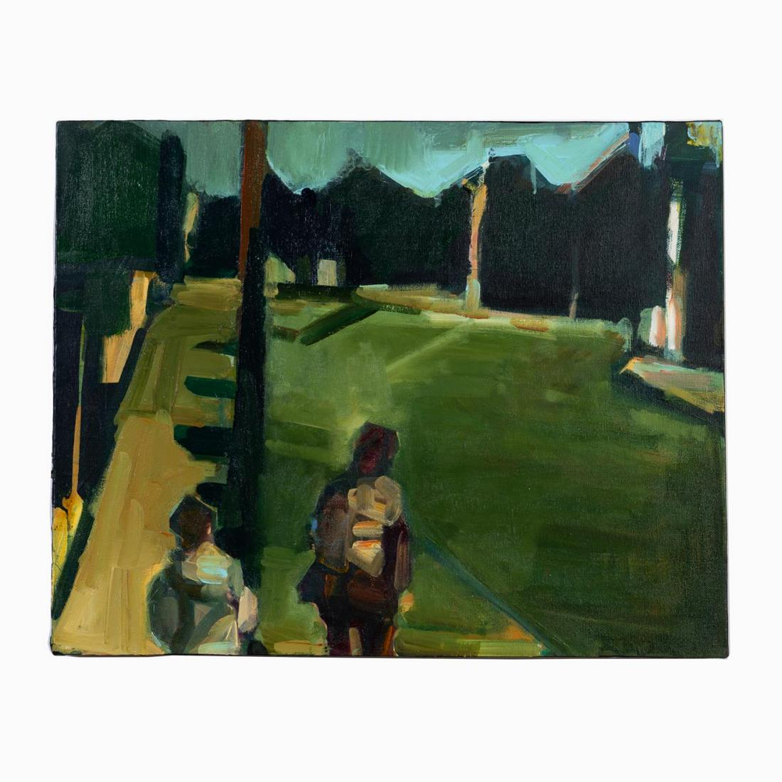 RUTH FRANKLIN, "FIGURES ON STREET" A/C, 2009: Ruth Franklin (English b. 1964), "Figures on Street" 2009, depicting two figures in front of a row of dimly lit houses in green and black colors, acrylic on canvas, signed and dated en verso, unframed