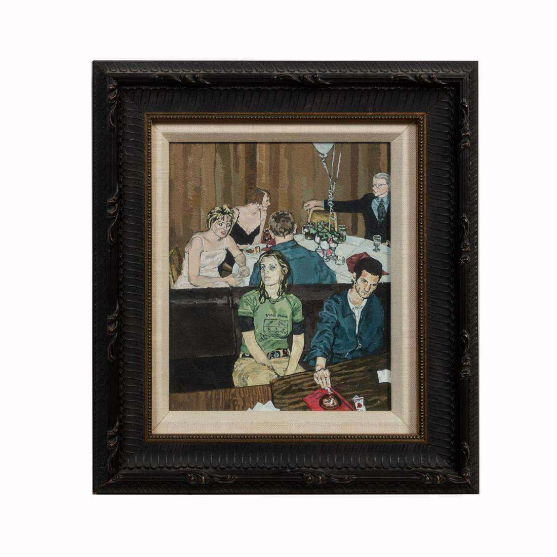 EMILY HOCHMAN, ACRYLIC/PAPER "GIRL IN GREEN TEE": Emily Hochman (American, active 21st century), acrylic on paper, "Girl in Green Tee" depicting a crowded restaurant, apparently unsigned. Provenance: From the Private Collection of Ruth West, Atlanta,
