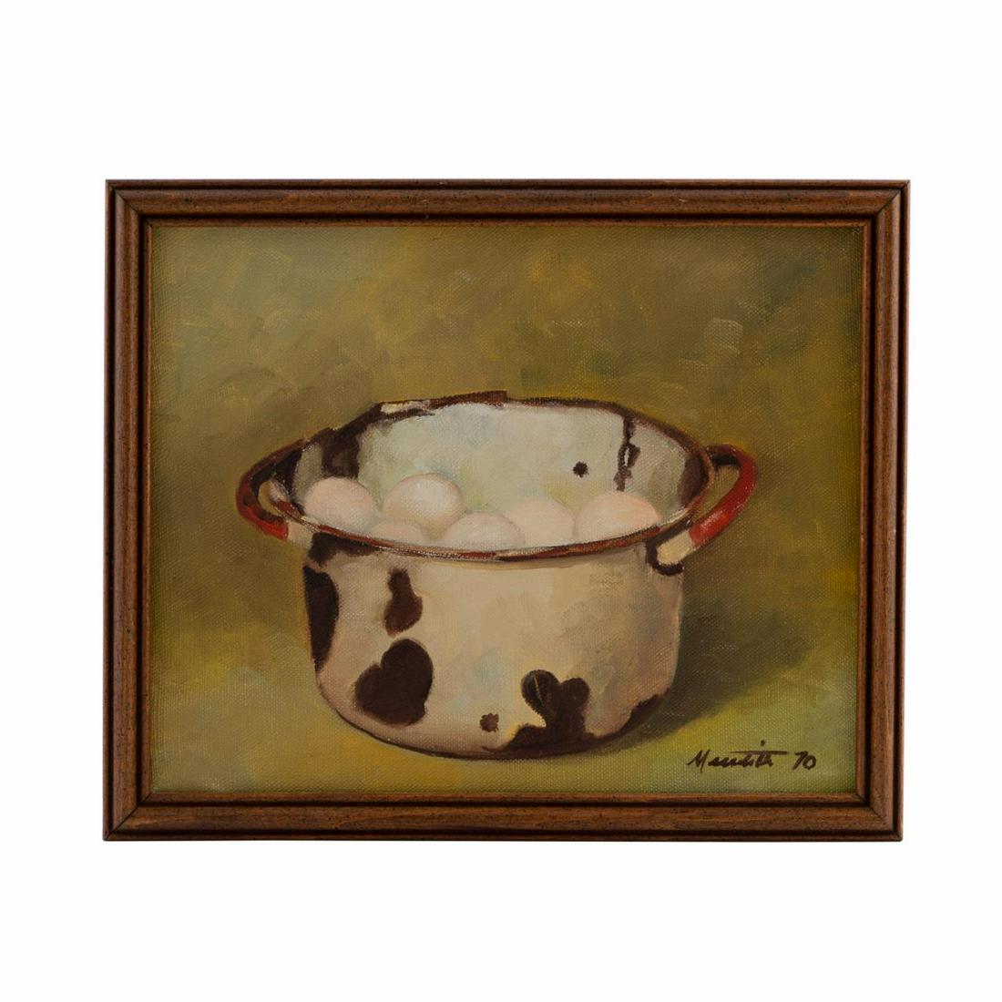 1970 "EGGS IN A COW POT”, OIL ON CANVAS, SIGNED (1 of 3)