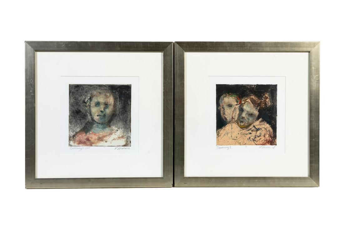TWO KATHLEEN MORRIS MONOPRINTS, "BECOMING": Kathleen Morris (American, b. 1946 ), monoprints "Becoming I" and "Becoming II" both edition 1/1, signed and titled in pencil to lower margin. Sight approx: h. 12", w. 12". Overall h. 23", w. 23", d.