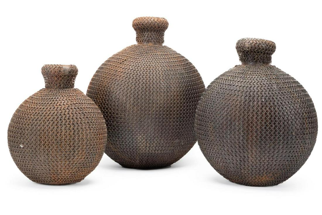 THREE ASIAN CHAIN MAIL COVERED METAL VESSELS (1 of 9)
