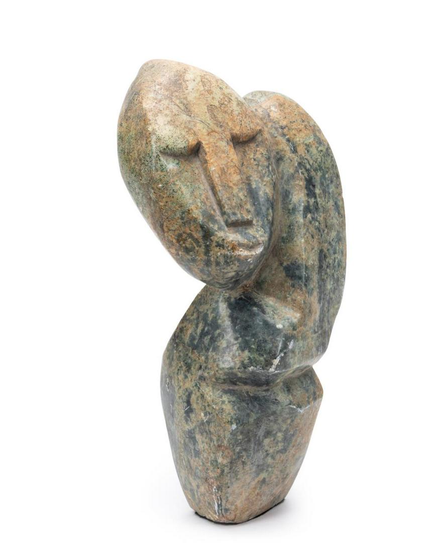 AFRICAN SCHOOL SIGNED HARDSTONE SHONA SCULPTURE: African School signed hardstone Shona sculpture, Zimbabwe, of typical rounded modernist style, depicting a face and abstract body, shined to a high polish, signed E M and numbered 250 at lower back. P