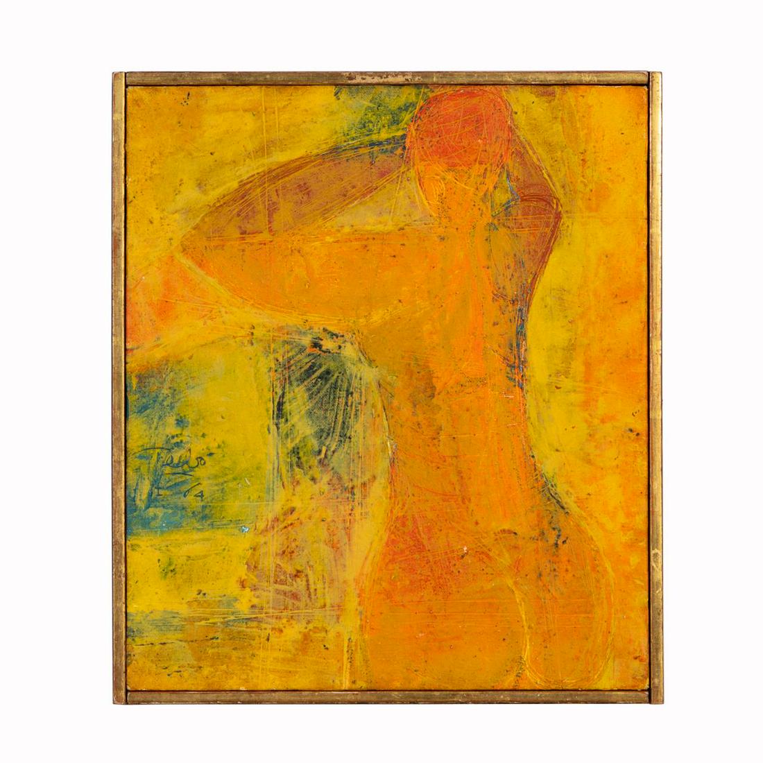 SACHA TEBO "CARIBBEAN WOMAN”, FIGURAL O/C,1964: Sacha "Tebo" Thebaud (Haitian / American 1934-2004), "Caribbean Woman", 1964, oil on canvas, signed and dated lower left, depicting a female nude form in tones of yellows and oranges, framed. Approx. 