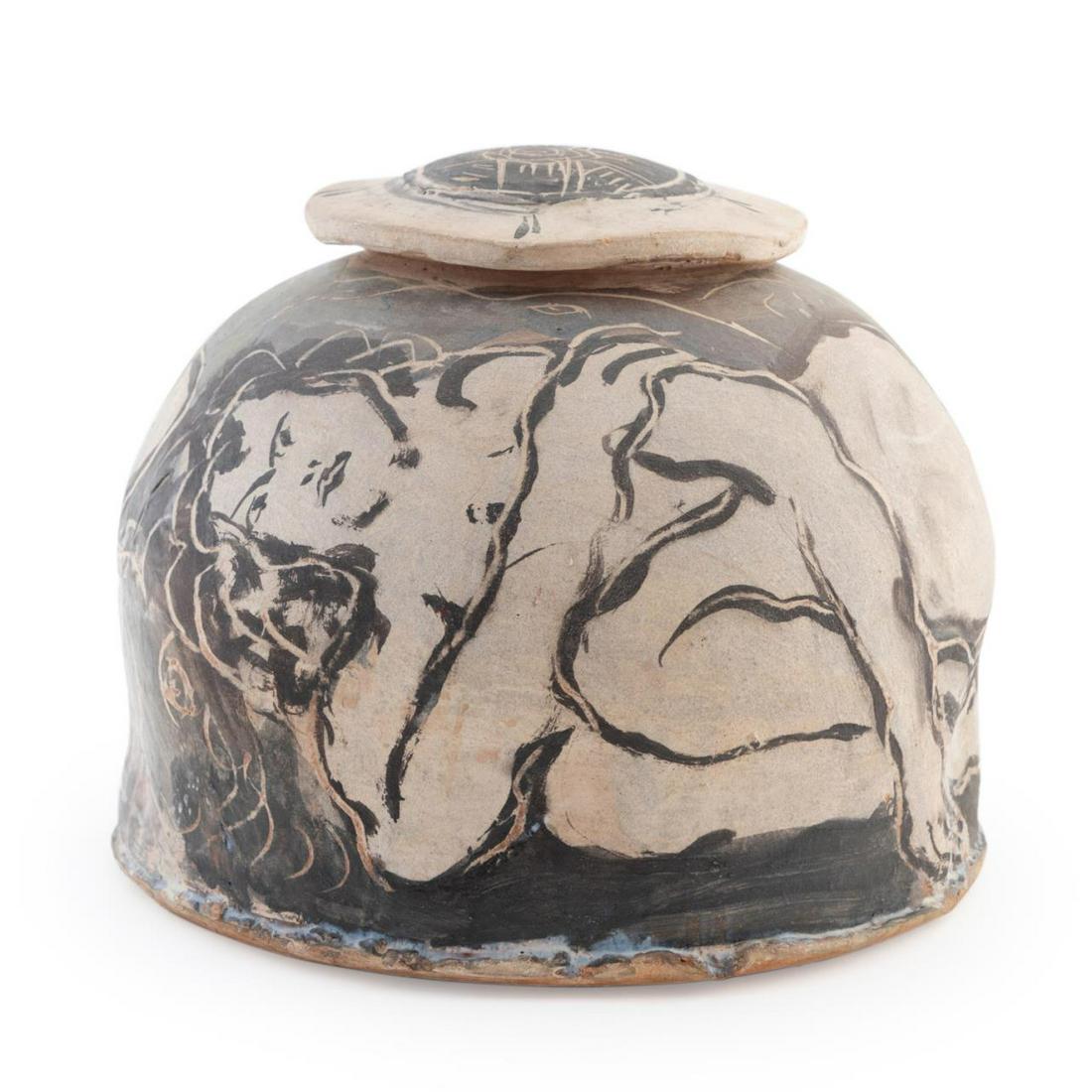 RON MEYERS, STUDIO POTTERY URN W/ RECLINING NUDE: Ron Meyers (American b. 1934), large ceramic lidded urn with a reclining nude female around the body and wavy rim lid, apparently unsigned. Provenance: From the Private Collection of Ruth West, Atlant