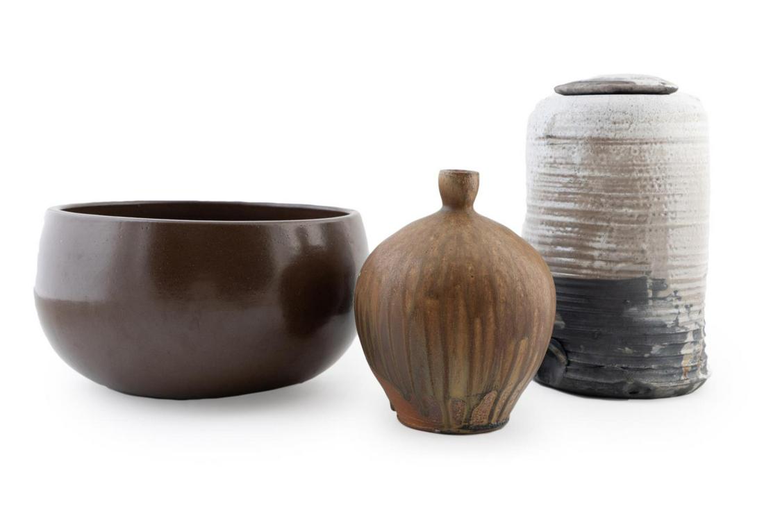 GROUP 3 STUDIO POTTERY VESSELS; VASE, JAR, BOWL (1 of 9)
