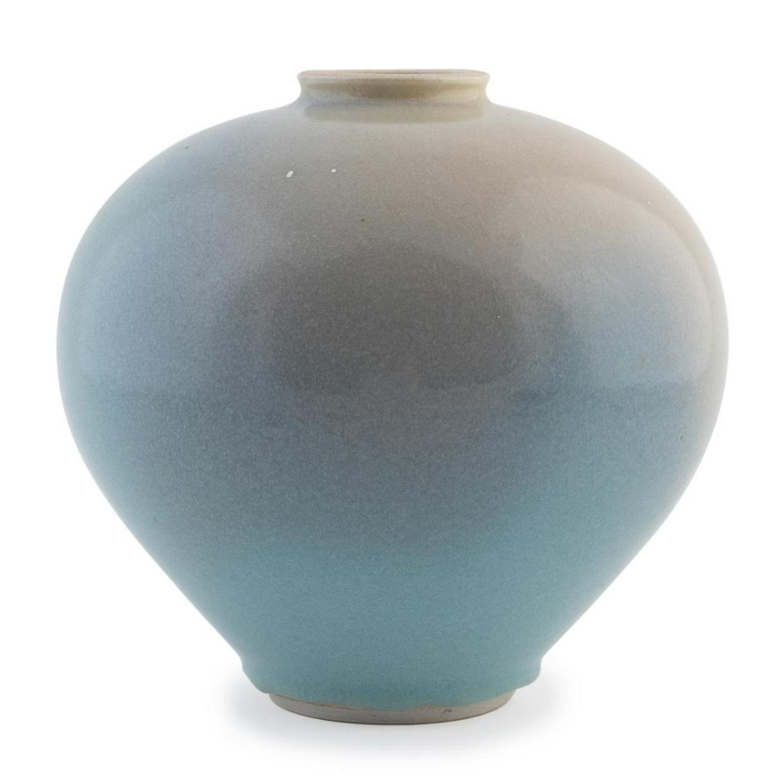 LIGHT BABY BLUE TO BEIGE GLAZED POTTERY VASE (1 of 7)