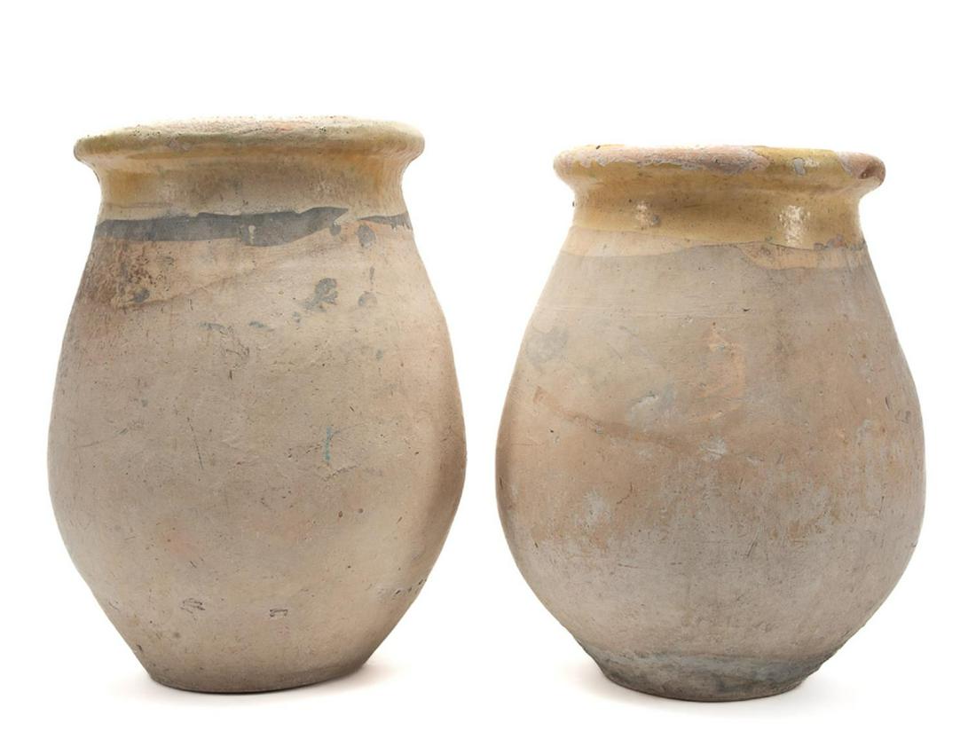 PAIR, YELLOW PARTIAL GLAZED EARTHENWARE BIOT JARS (1 of 7)