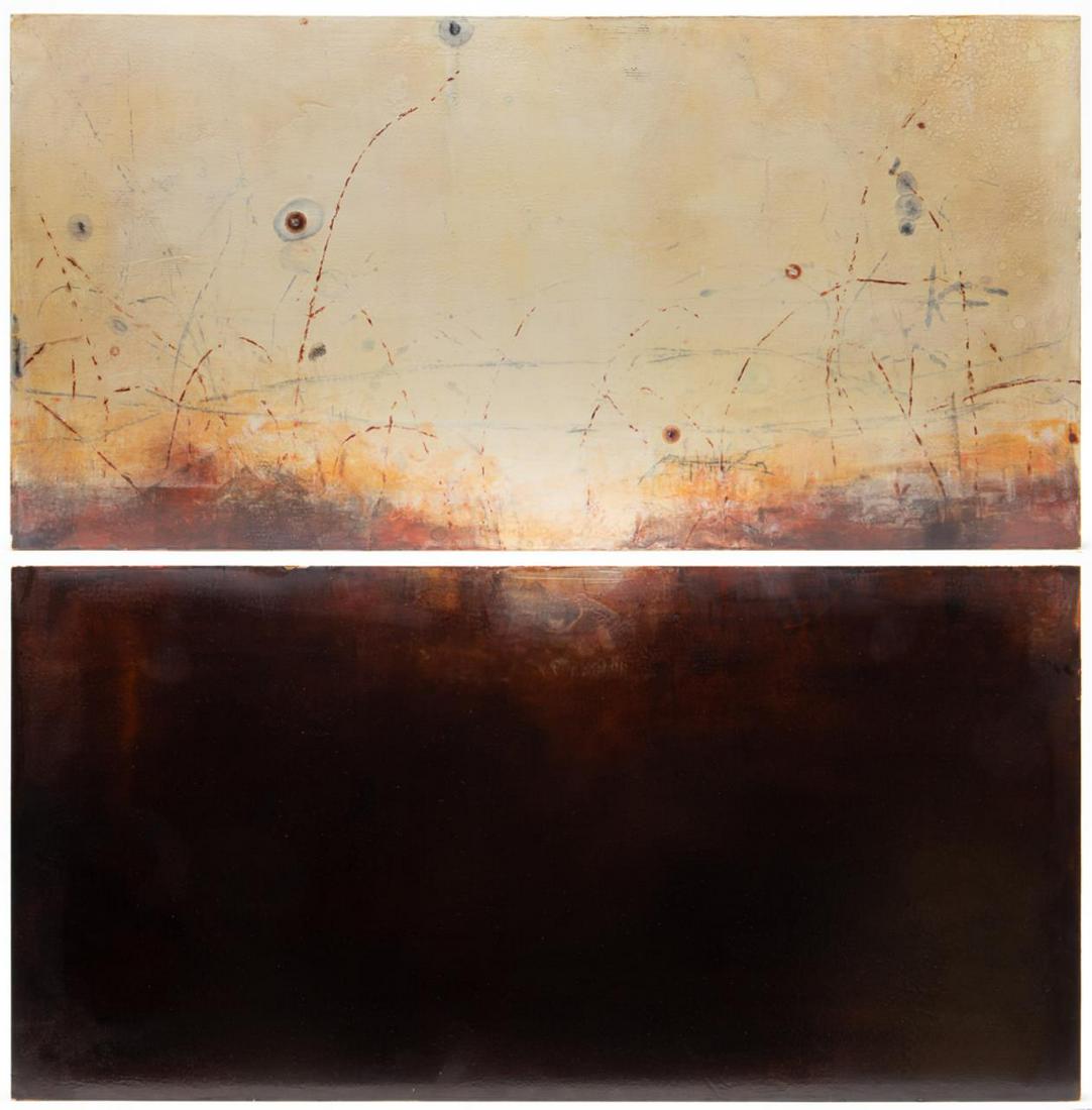 BETSY EBY, "POISON" MODERN ENCAUSTIC DIPTYCH 2001: Betsy Eby (American b. 1967), "Poison" 2001, abstract diptych in brown tones, encaustic and oil on panel, signed, dated, and titled en verso, unframed. Approx. h. 18", w. 36" (board).