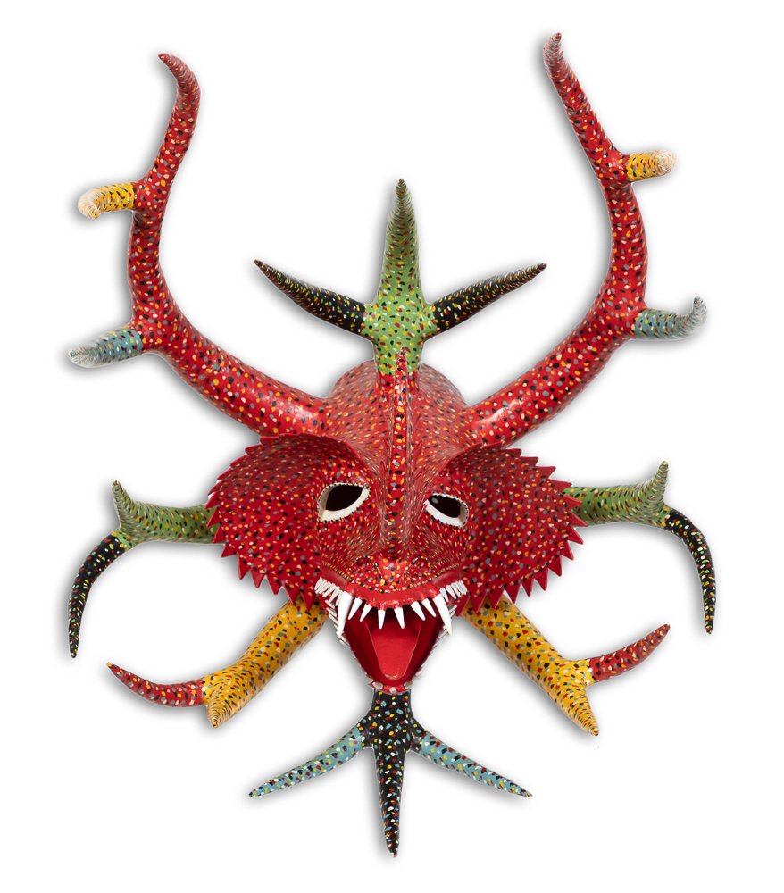 SIGNED PUERTO RICAN FOLK ART VEJIGANTE MASK: Miguel Caraballo (Puerto Rican, 20th century), 1994, Folk art "Vejigante" mask incorporating multiple size horns, a long snout, and sharp teeth, used to frighten any demon, papier mache and gesso, sig