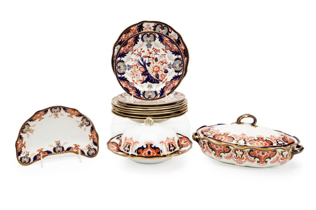 ROYAL CROWN DERBY IMARI TABLEWARE GROUP, 12PC: Royal Crown Derby, date marks, 1902-1917, twelve piece Imari palette bone china dinnerware and serveware grouping comprising: six rim soup bowls (8.75"), three salad plates (8"), one crescent salad pl