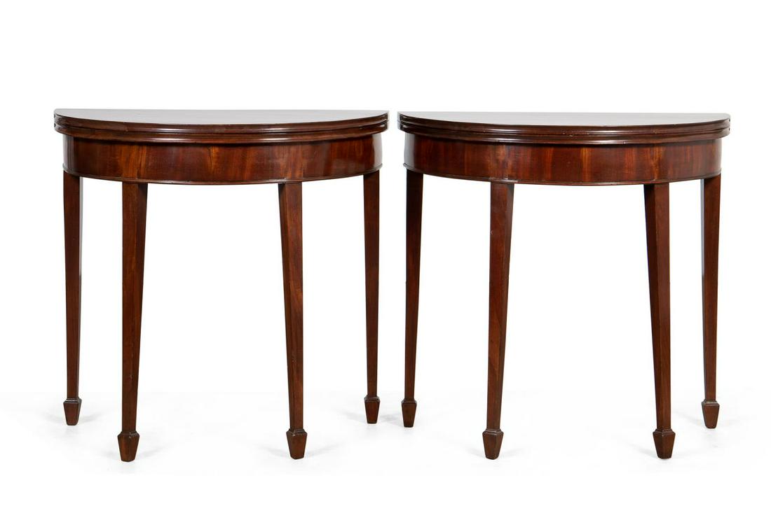 PAIR, HEPPLEWHITE STYLE DEMILUNE GAMES TABLES (1 of 6)