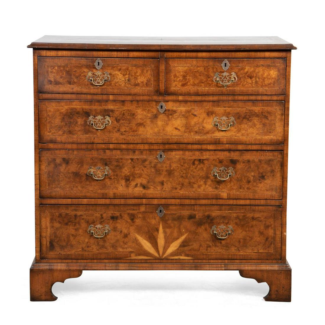 19TH C. GEORGIAN STYLE BURLWOOD FIVE DRAWER CHEST (1 of 9)