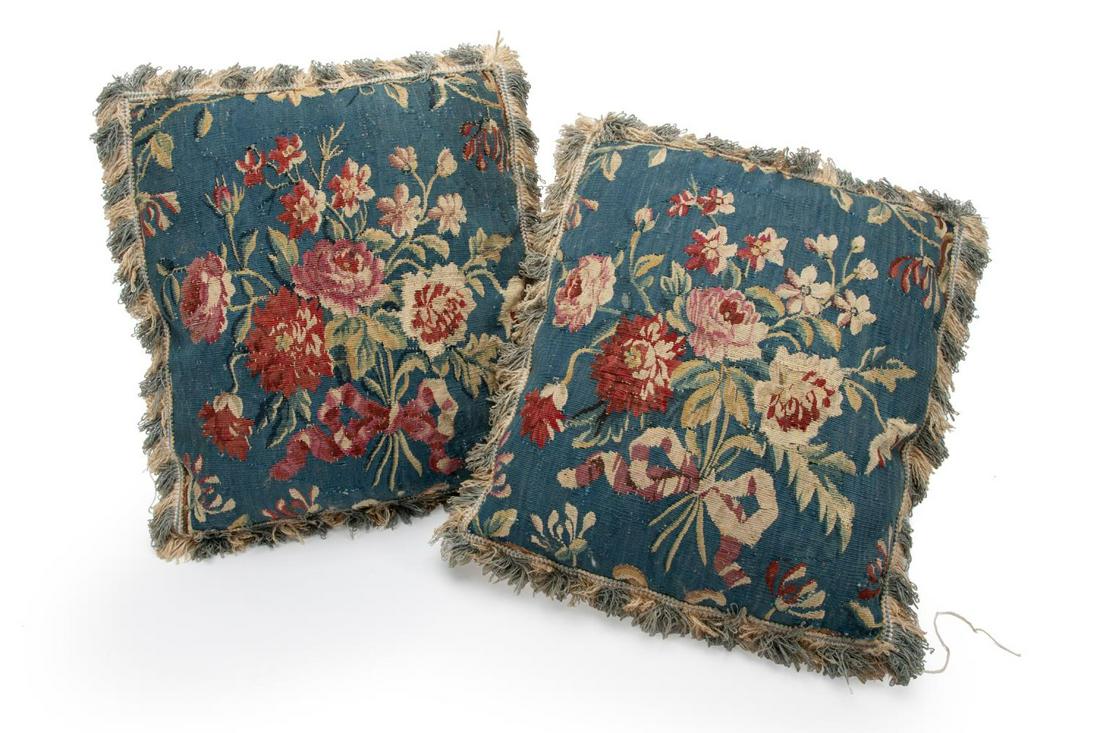 PAIR, BLUE FLORAL TAPESTRY COVERED ACCENT PILLOWS (1 of 4)