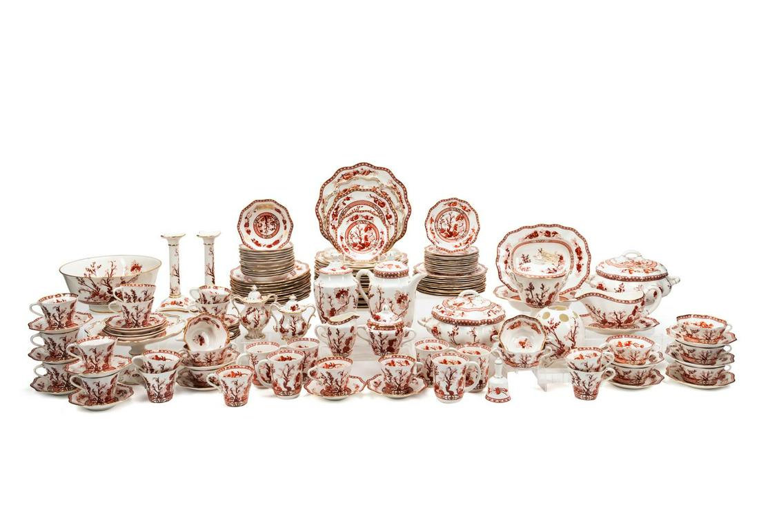 COALPORT "INDIAN TREE CORAL" DINNERWARE, 144PC: Coalport, one hundred and forty-four piece "Indian Tree Coral" (pattern originally introduced 1801, scalloped active 1972-1986) bone china dinner service comprising: eighteen dinner plates (10.5"), tw