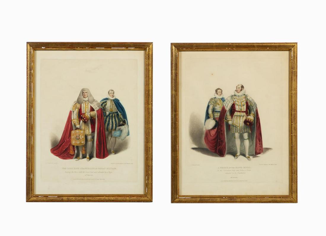 PAIR OF GEORGE IV CORONATION MEZZOTINTS, 1824: After James Stephanoff (British c. 1786-1874), "A Prince Of The Blood Royal: In the Coronation Dress and Robes of Estate attended by his Trainbearer ", engraved by Samuel William Reynolds I (British 1