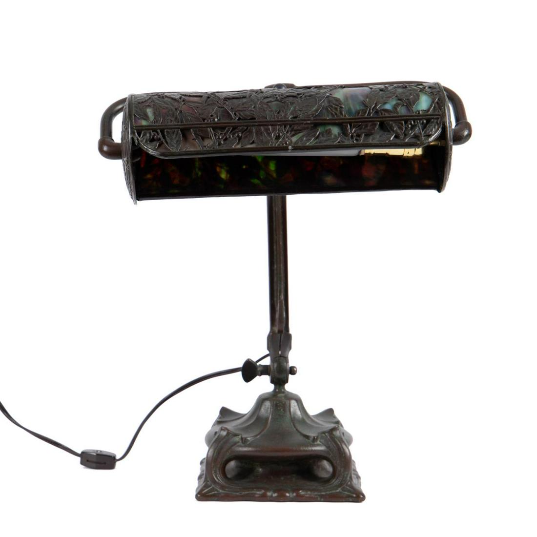 HANDEL BRONZE AND SLAG GLASS PIANO OR DESK LAMP (1 of 12)