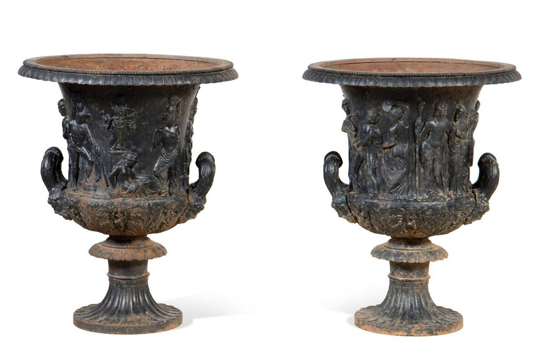 PAIR, CLASSICAL STYLE BLACK CAST IRON GARDEN URNS (1 of 5)