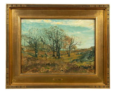 HENRY W. RANGER, COPSE OF TREES, FRAMED OIL: Henry Ward Ranger, NA (American 1858-1916), untitled landscape, oil on board, landscape painting depicting a copse of trees, framed, apparently unsigned with National Academy of Design Ranger Fund mon