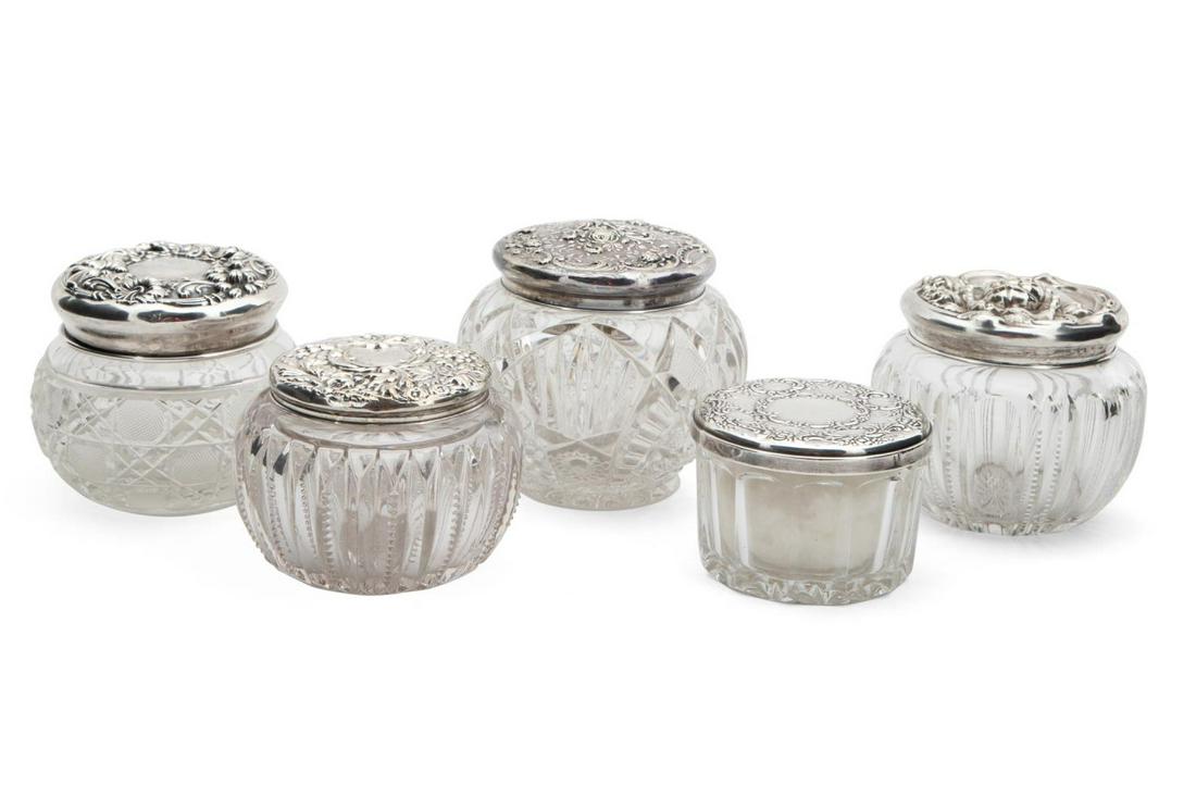 FIVE AMERICAN STERLING LIDDED GLASS DRESSER JARS (1 of 13)