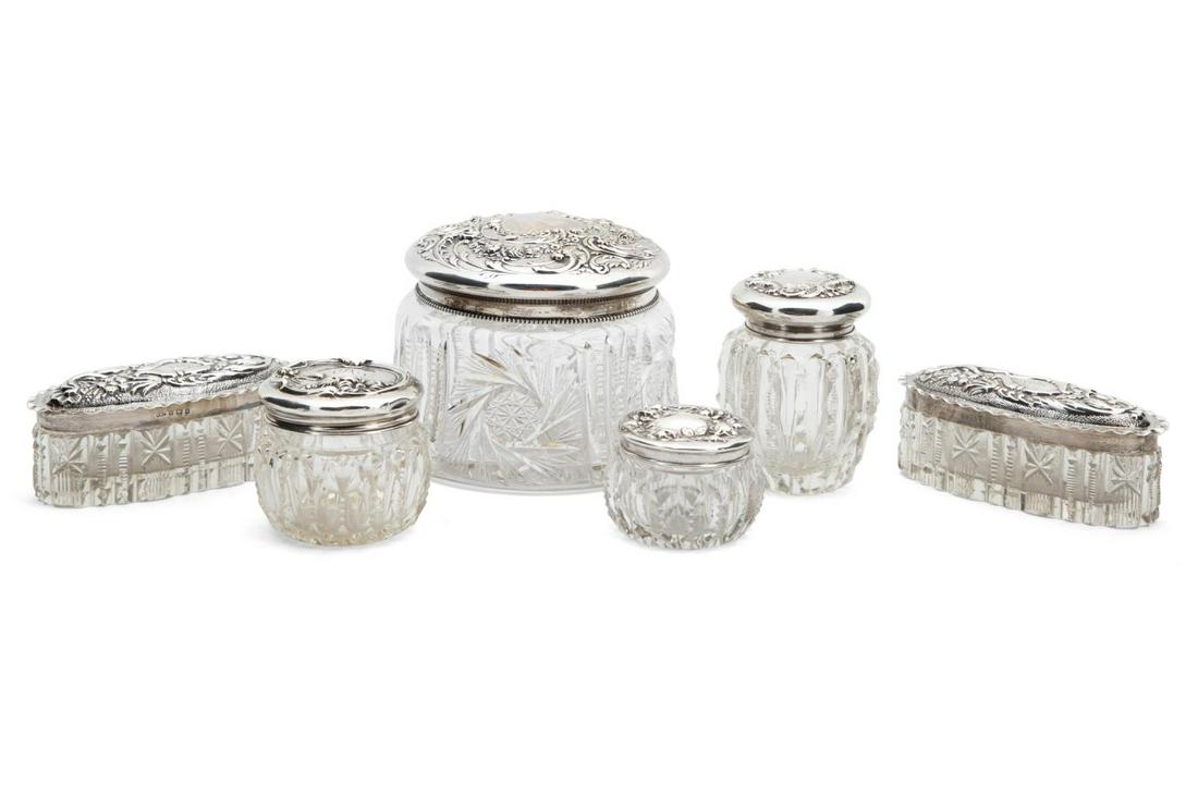 SIX STERLING SILVER LIDDED CUT GLASS DRESSER JARS (1 of 13)