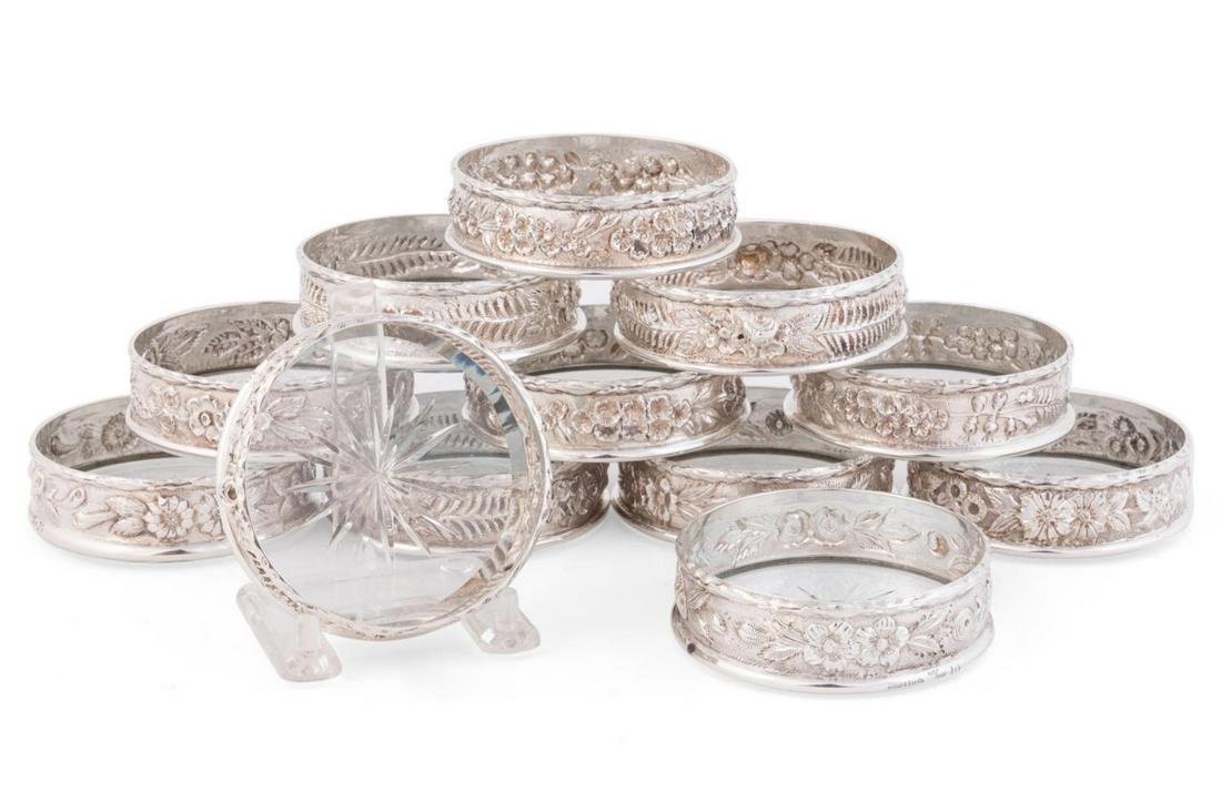 12, S. KIRK & SON "REPOUSSE" SILVER/GLASS COASTERS (1 of 5)