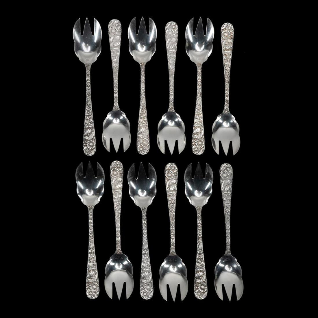 S. KIRK "REPOUSSE" SILVER ICE CREAM FORKS, 12PC (1 of 7)