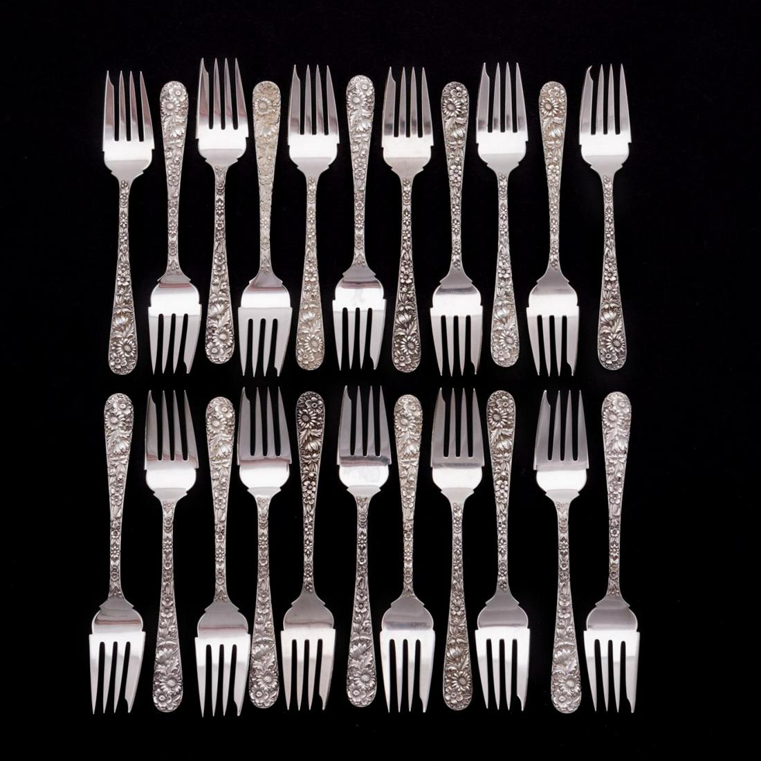 S. KIRK & SON "REPOUSSE" SILVER SALAD FORKS, 22PC (1 of 7)