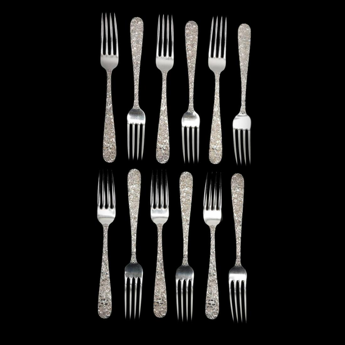S. KIRK & SON "REPOUSSE" SILVER DINNER FORKS, 12PC (1 of 5)