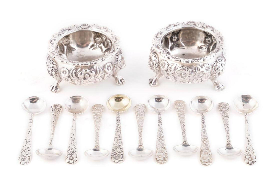 S. KIRK REPOUSSE SILVER SALT CELLARS, SPOONS, 13PC (1 of 10)