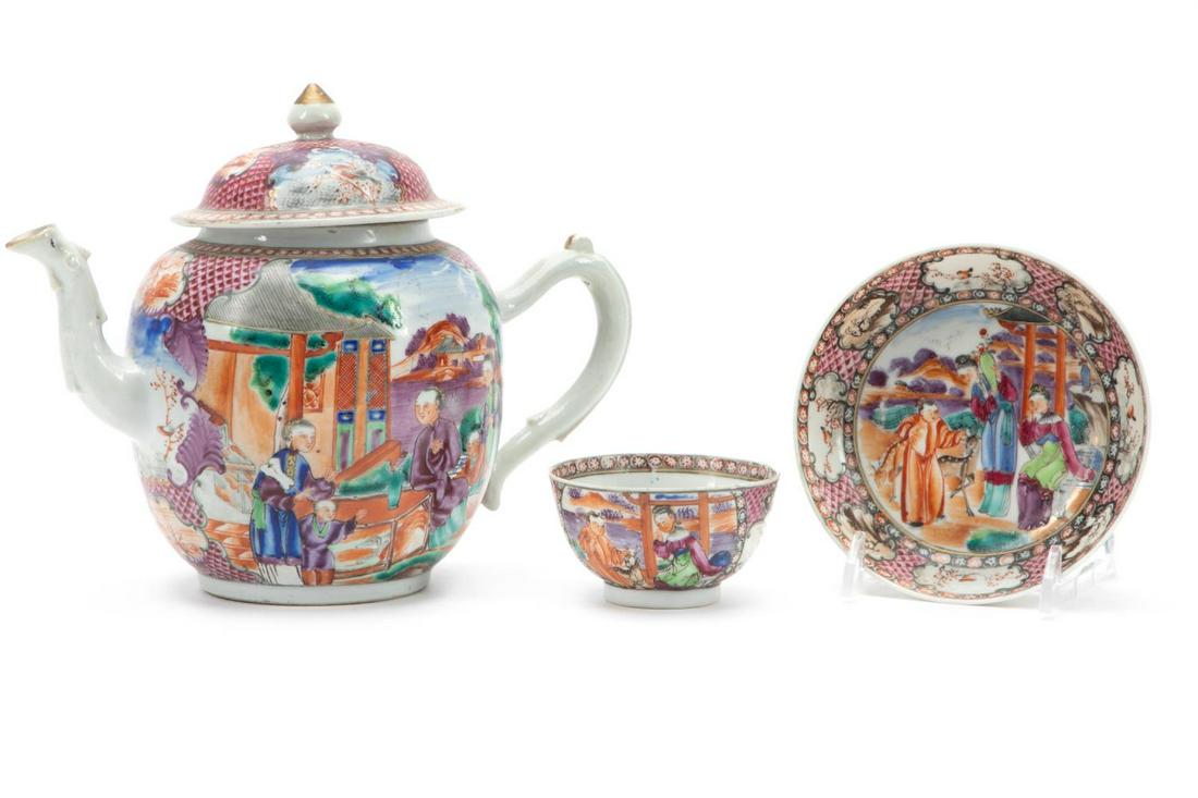 CHINESE EXPORT MANDARIN TEAPOT, CUP, & SAUCER (1 of 8)