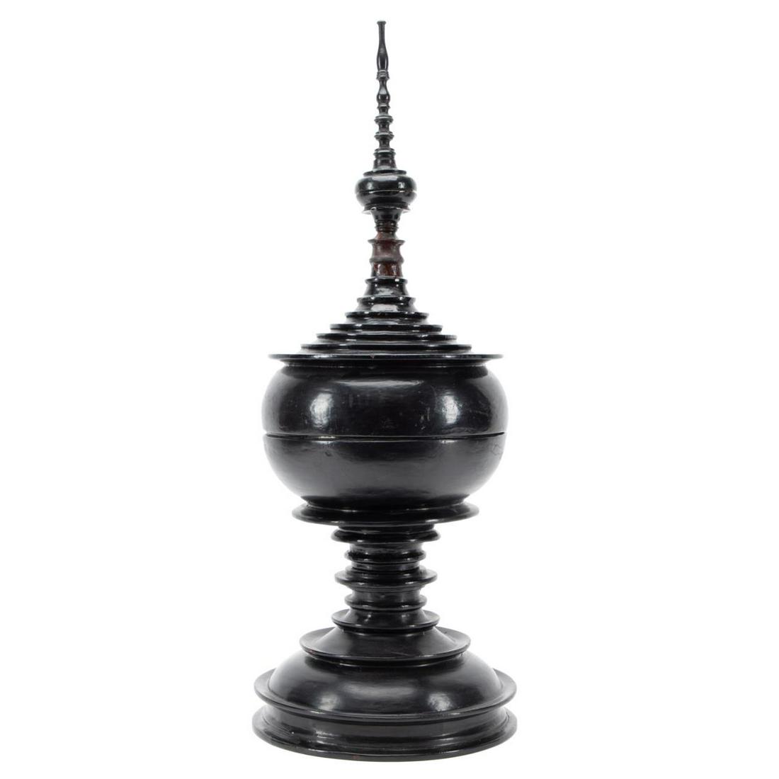 BUDDHIST BLACK LACQUER OFFERING VESSEL WITH STUPA (1 of 6)