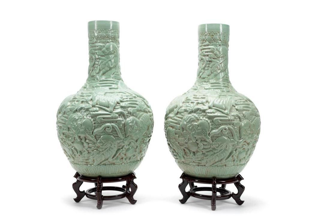 Pr. Chinese Longquan style Celadon vases w/ Stands (1 of 8)