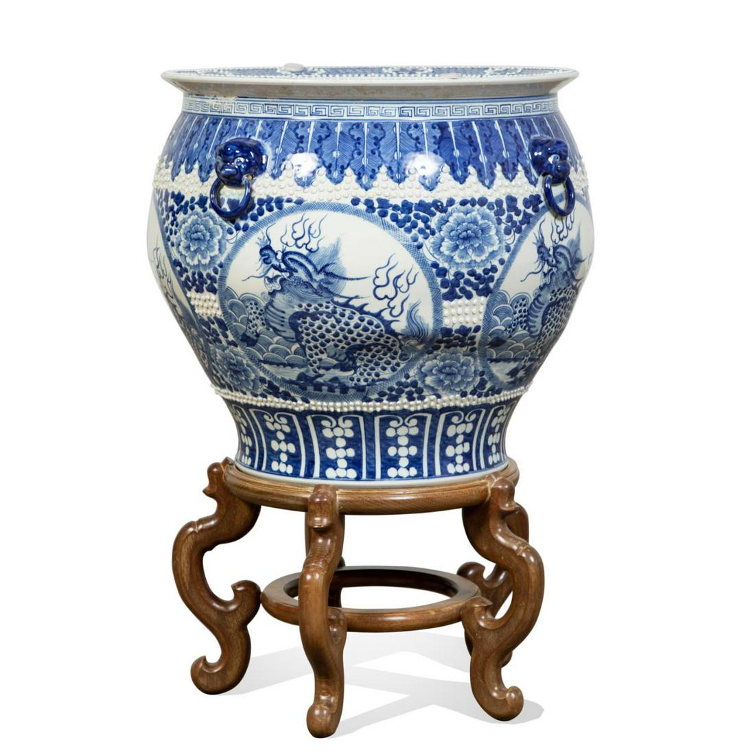 (2 PCS) CHINESE BLUE & WHITE FISH BOWL ON STAND (1 of 10)