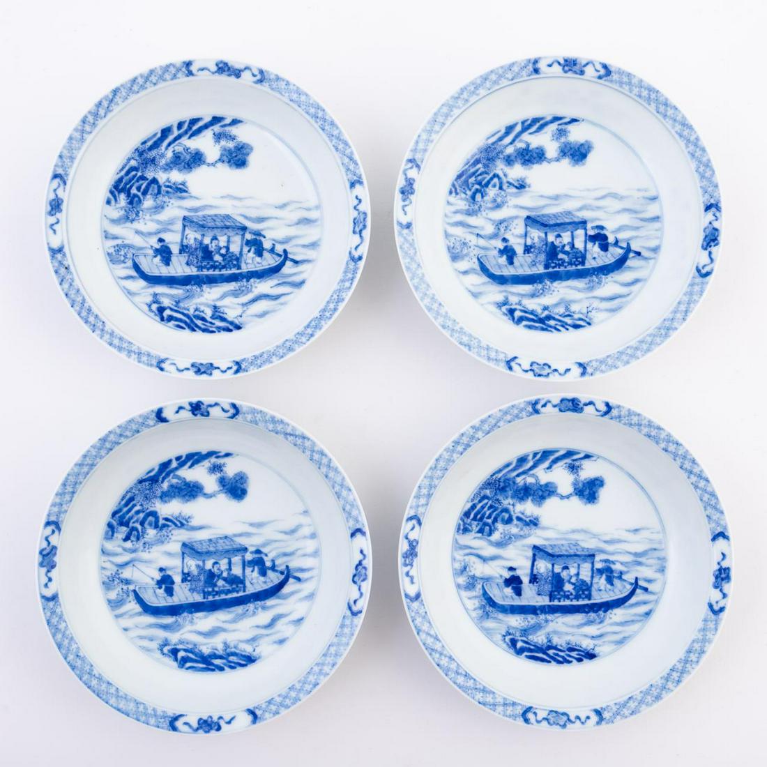 SET OF FOUR CHINESE BLUE & WHITE RIVERSCENE DISHES (1 of 5)