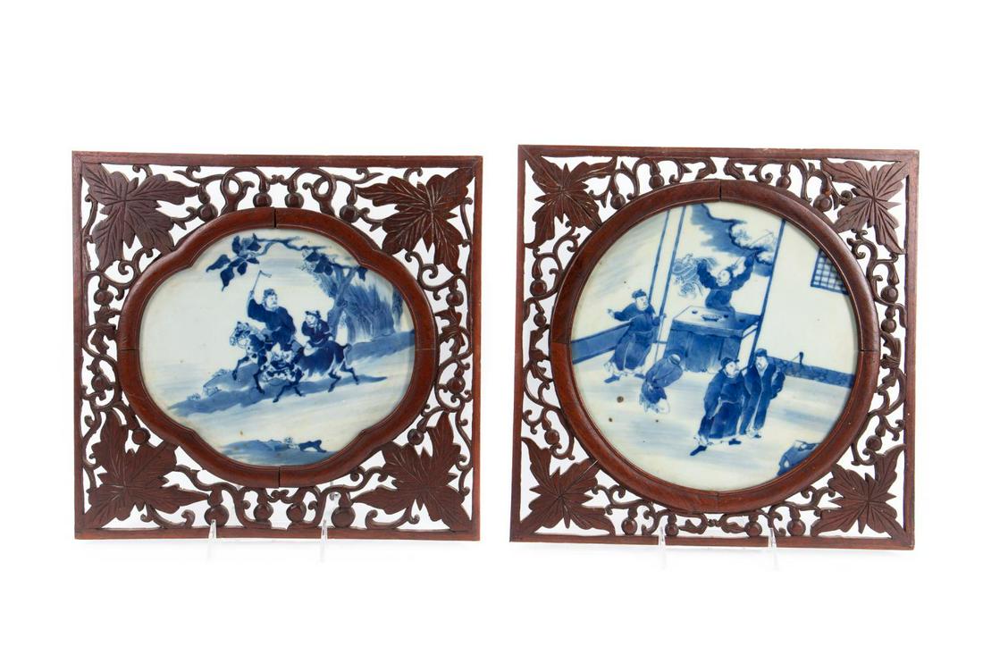 2 CHINESE FRAMED FIGURAL BLUE & WHITE PLAQUES (1 of 6)