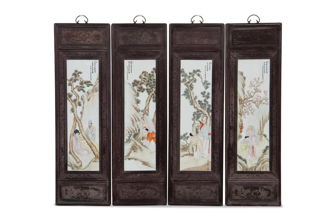 FOUR FRAMED CHINESE FAMILLE ROSE PORCELAIN PLAQUES (1 of 11)