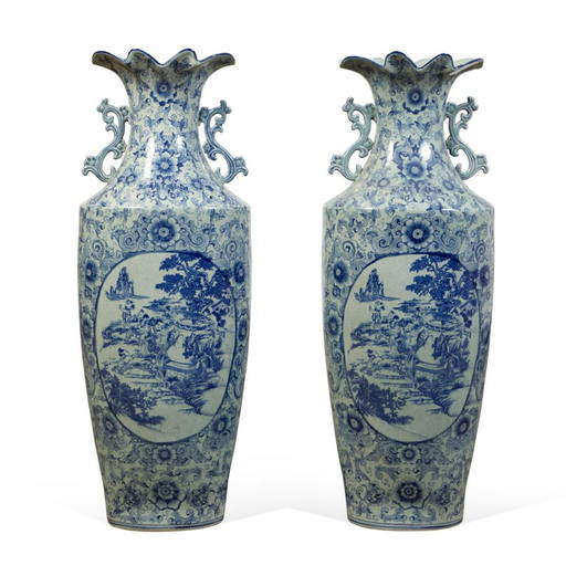 Pair Of Transferware Blue & White Floor Vases