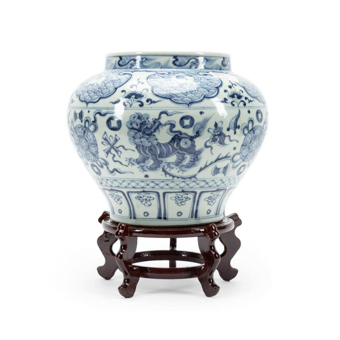 CHINESE BLUE & WHITE VASE W/ QILIN & FU LIONS (1 of 7)