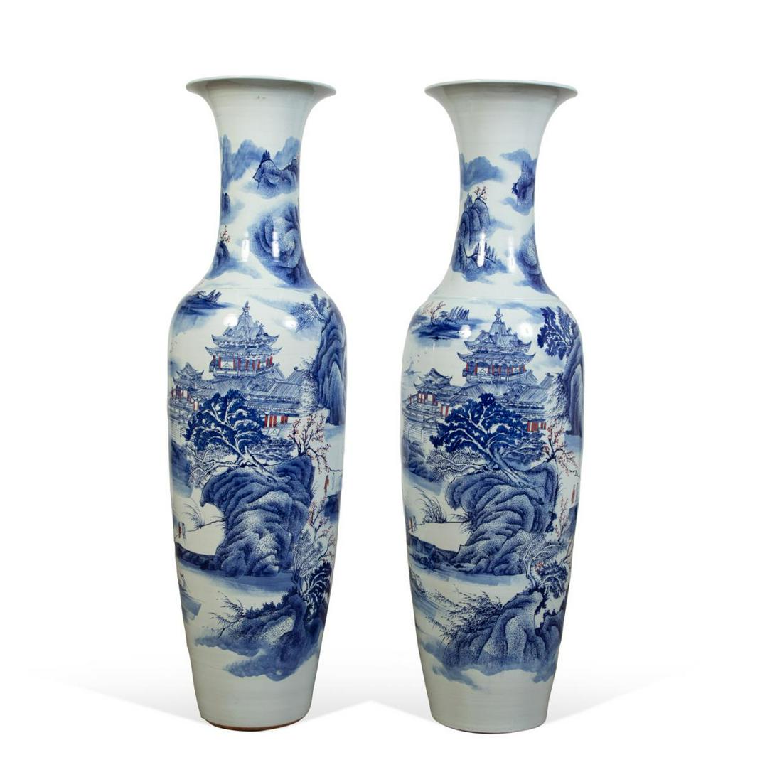 PAIR OF TALL CHINESE BLUE, WHITE & IRON RED VASES (1 of 6)