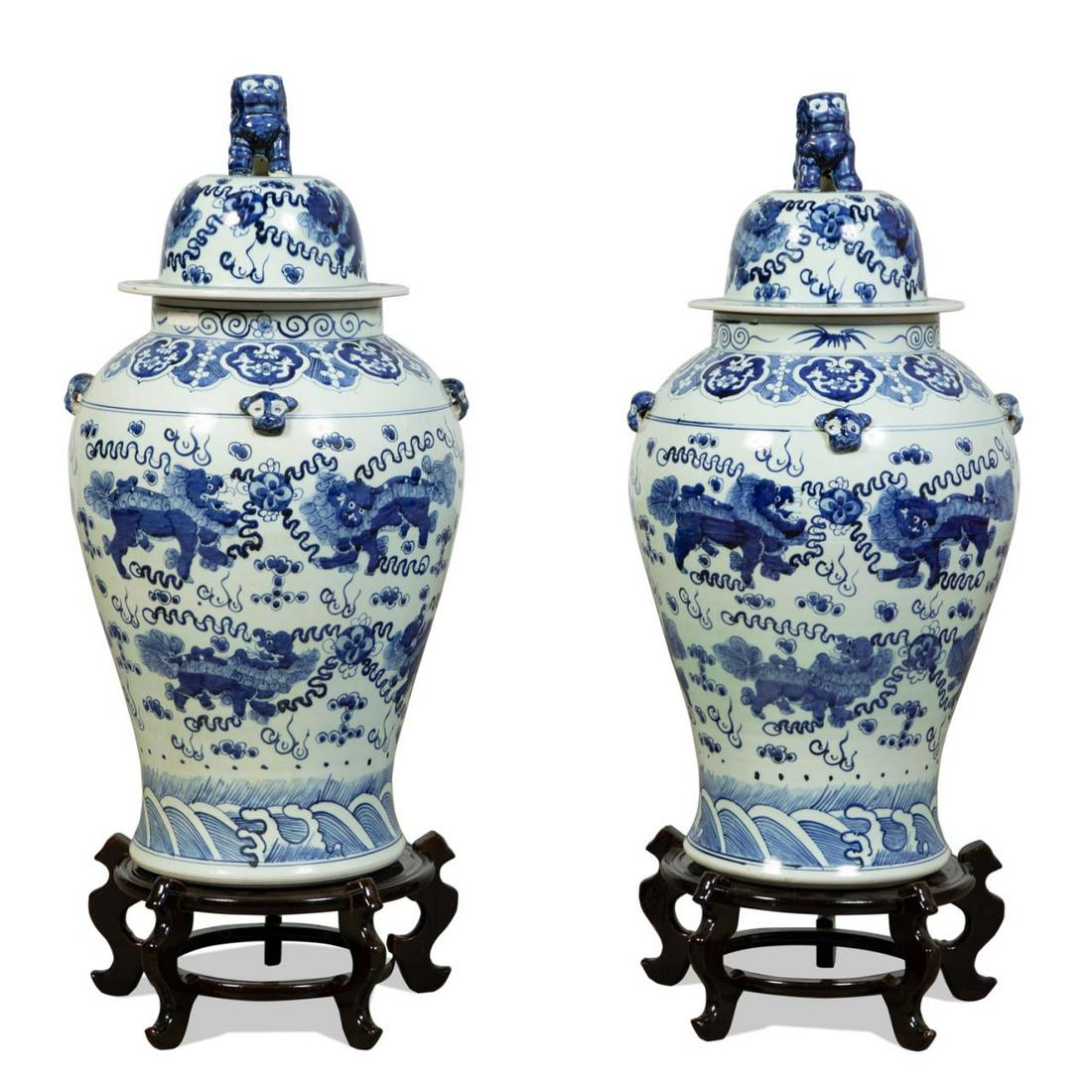 PR, CHINESE BLUE & WHITE LIDDED VASES W/ FU LIONS (1 of 6)
