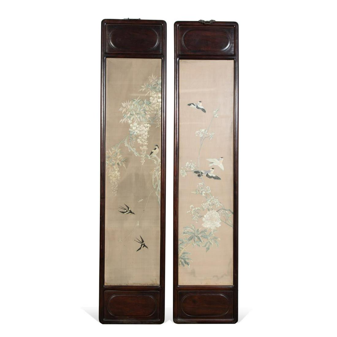 PAIR, CHINESE BIRD & FLOWER EMBROIDERED PANELS (1 of 12)